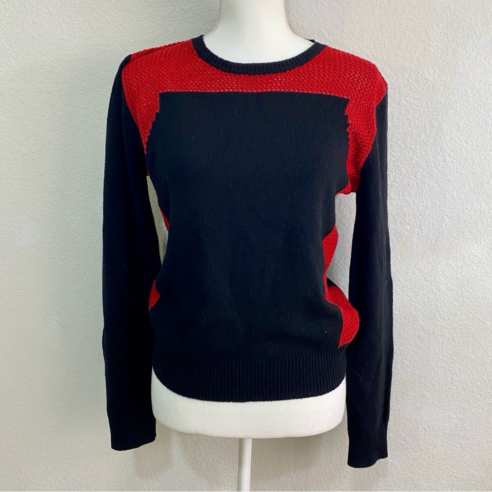 Marna Ro Red Black Colorblock Cashmere Wool Blend Open Knit‎ Sweater Size M